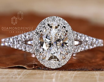 Anillo de compromiso ovalado con diamante para mujer, anillo de diamante cultivado en laboratorio de talla ovalada de 1,32 TW, anillo de boda con halo y brazo dividido, diamante creado en laboratorio E/VS1