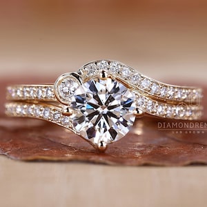 Round Diamond Wedding Set, 0.80 to 2.0 CT Round Lab Grown Diamond Bridal Set, Diamond Engagement Ring, Half Eternity Band, Anniversary Gifts