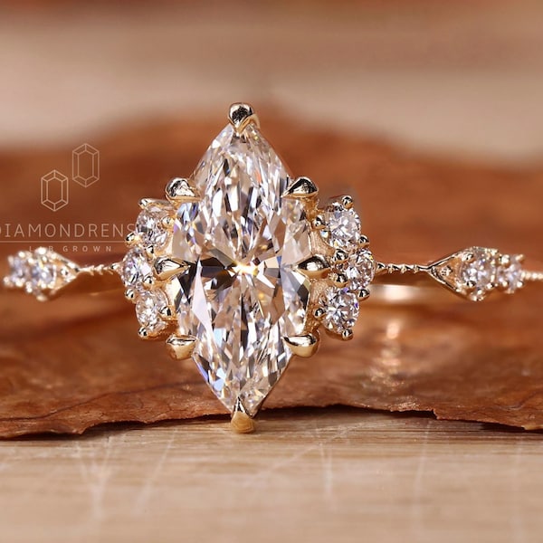 Vintage Marquise Lab-gegroeide diamanten verlovingsring: IGI-gecertificeerd