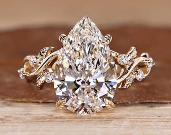 Nature Inspired Engagement Ring in Pear Cut Lab Grown Diamond, Handcrafted Leaves and Petal Design, Wedding Ring for Her, Anniversary Gifts
