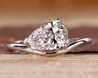Pear Cut Lab Grown Diamond Pinky Finger Ring, Solitaire Engagement Ring in East to West Setting, Promise Ring for Her, Anniversary Gift Ring