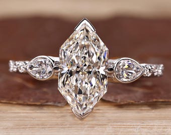 Dutch Marquise Cut Diamond Three Stone Engagement Ring with Sunflower and Moon Design, Side Pear Cut Lab Grown Diamond Wedding Ring for Her