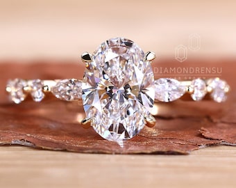 Anillo de compromiso con diamantes ovalados, de 1 a 2 ct, cultivados en laboratorio con certificación IGI, diamante marquesa y redondo, hecho a mano por Diamondrensu.