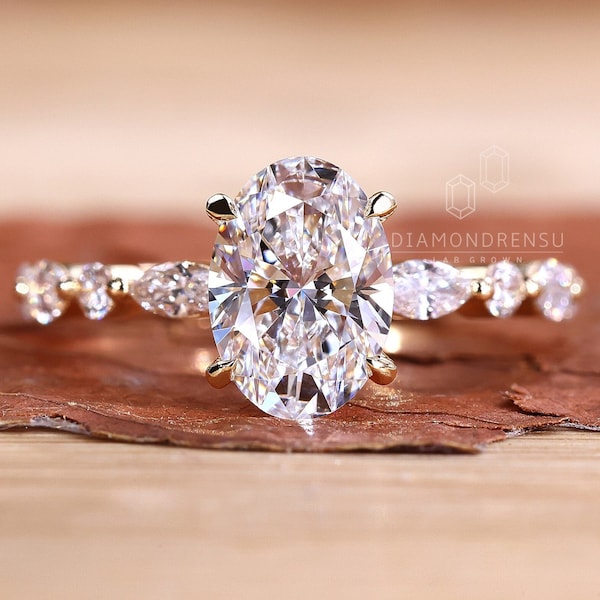 Oval Diamond Engagement Ring, 1 to 2 ct IGI Certified Lab Grown Diamond Ring, Marquise and Round Diamond, Handmade Ring by Diamondrensu