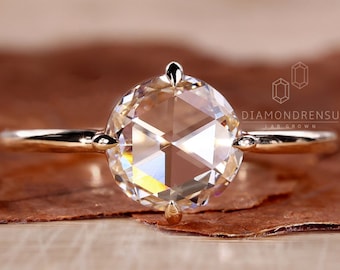 Rose Cut Diamond Engagement Ring for Women, 1.20 CT Round Rose Cut Lab Grown Diamond Ring, Solitaire Ring, Vintage Style Open Gallery Ring