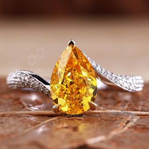 1.0 to 2.0 CT Pear Cut Yellow Lab Grown Diamond Ring, Bypass Pave Engagement Ring, Wedding Ring, Fancy Yellow Diamond Ring, Anniversary Gift