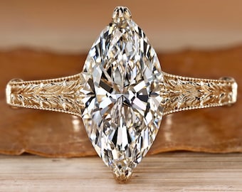 Marquise Diamond Solitaire Engagement Ring with Etched Details, Tulip Basket Setting with Tapered Shank, Fishtail Prong Set Wedding Ring