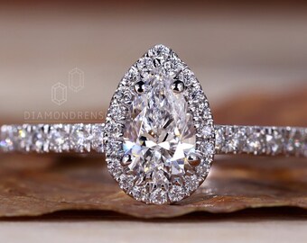 0.60 CT Pear Cut Lab Grown Diamond Ring, Halo Engagement Ring, G/VS1 Lab Created Diamond Ring, Wedding Ring for Women, Anniversary Gift Ring