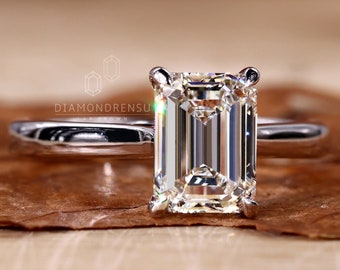Lab Grown Diamond Solitaire Ring, 1.0 - 2.0 CT Emerald Cut Diamond Wedding Ring, H/VS1 Lab Created Diamond, Comfort Fit Ring, Gift for Her