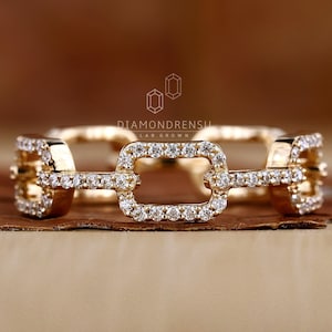 Anillo de eslabones de cadena con diamantes cultivados en laboratorio, banda de diamantes creados en laboratorio de talla redonda de 0,37 TW, banda de pavé entrelazado, banda de bodas con diamantes, regalos de aniversario