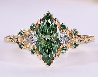 Green Marquise Nature Inspired Engagement Ring with Side Emerald Gemstone, Lab Grown Diamond Wedding Ring, Handmade Ring by Diamondrensu