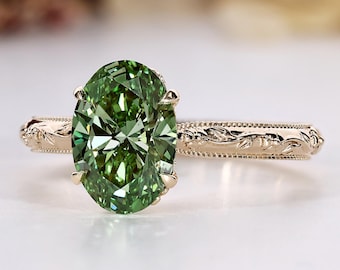 Oval Engagement Ring in Nature Inspired Floral Basket Set, Art Deco Style Wedding Ring, Green Oval Lab Grown Diamond Ring, Anniversary Gift