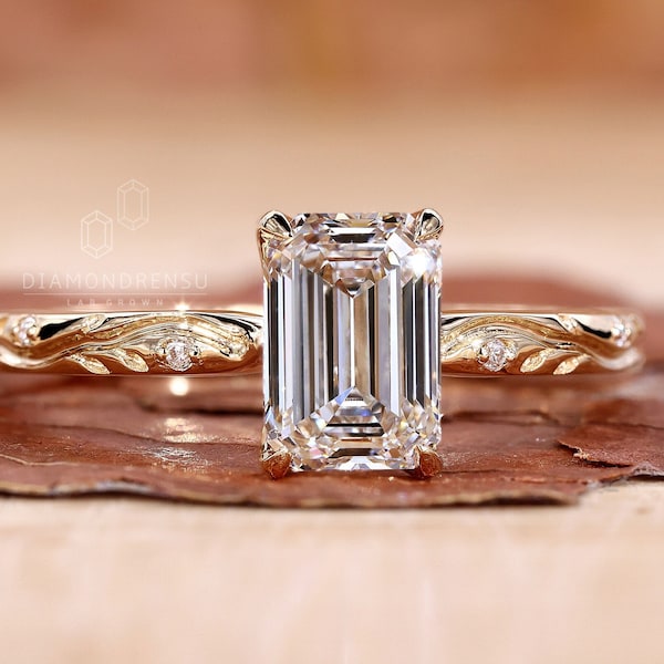 Handmade Art Deco Emerald Cut Diamond Ring, 1 to 3 ct Lab Grown Diamond Engagement Ring, Floral Basket Set Ring, Yellow/White/Rose Gold Ring