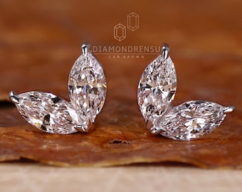 Marquise Stud Earrings, 0.26TW Marquise Lab Grown Diamond Earrings, Tiny Petal Flower Diamond Studs, Wedding Earrings, Dainty Marquise Studs