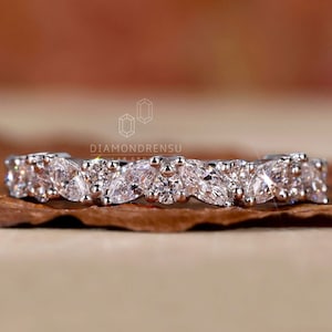 マーキスカットとラウンドカットのラボグロウンダイヤモンドバンド、EF/VSラボクリエイトダイヤモンドの結婚指輪、ハーフエタニティリング、マッチング/重ね付け可能なリング