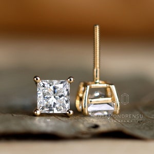 1.57 TW Princess Diamond Stud Earrings, EF/VS Lab Created Diamond Screw Back Earrings, Diamond Studs for Women and Girls, Wedding Earrings