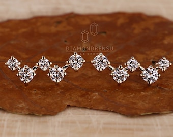 Zig Zag Diamond Stud Earrings, 0.75 CT Round Lab Grown Diamond Wedding Earrings, Round Diamond Studs for Her, Yellow/White/Rose Gold Earring