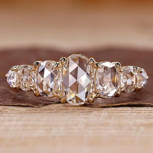 Graduated Rose Cut Diamond Engagement Ring, 7 Stone Anniversary Ring for Women, Oval and Round Rose Cut Wedding Ring for Her, Promise Ring