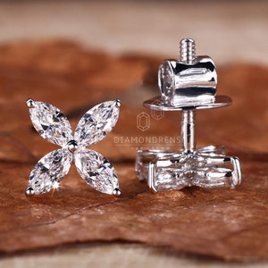 Marquise Cut Diamond Earrings, 0.53 TW Marquise Lab Grown Diamond Earrings, Flower Design Earrings, Screw Back Earrings, Anniversary Gift