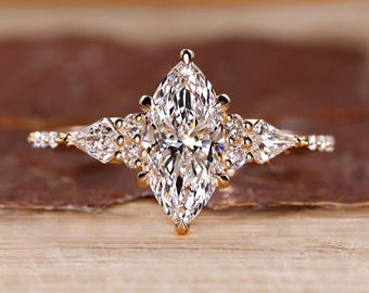 Marquise Engagement Ring in Muse Setting wit Kite Cut Lab Grown Diamond, IGI Certified Wedding Ring, Anniversary Gift, Handmade Ring for Her