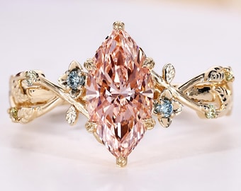 Pink Marquise Diamond Nature Inspired Engagement Ring with Gemstones, Leaves and Petal Floral Wedding Ring, Vintage Botanical Bridal Ring