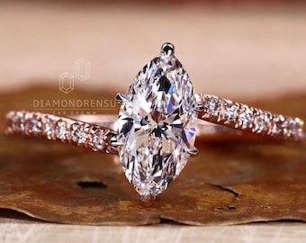 0.80 to 2.0 CT Marquise Cut Lab Grown Diamond Ring, Pave Engagement Ring, Wedding Ring, Hidden Halo Ring, Claw Prongs, Diamond Ring for Her