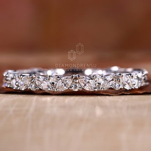 0.76 CT Marquise and Round Lab Grown Diamond Wedding Band, EF/VS Lab Created Diamond Band, Eternity Band for Her, Matching/Stackable Band