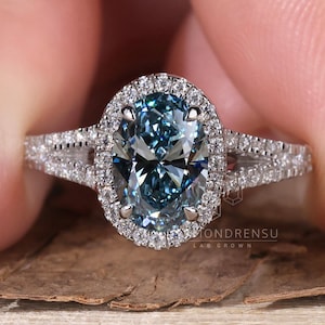 Oval Shaped Blue Diamond Ring, 1.16 CT Oval Lab Grown Diamond Engagement Ring, Halo/Split Band Ring, Blue Color Diamond Ring, Certified Ring
