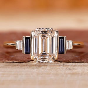 Emerald Cut Lab Grown Diamond 5 Stone Engagement Ring, Side Blue Sapphire Birthstone Ring, Wedding Ring for Her, IGI Certified Diamond Ring