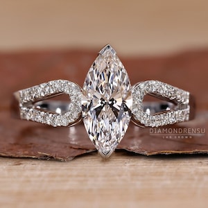 Marquise Lab Grown Diamond Engagement Ring, Split Shank Pave Diamond Ring, IGI Certified Diamond Wedding Ring, Anniversary Gifts for Women