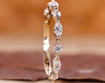 Marquise and Round Diamond Minimalist Wedding Band, Alternating Diamond Band, Half Eternity Band, Stackable Matching Band, Anniversary Gifts