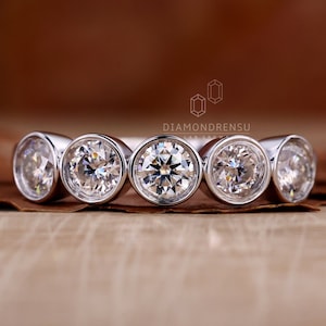 Round Diamond Five Stone Band, 1.23 CT Round Lab Grown Diamond Band, Bezel Set Half Eternity Band, Stackable Band, Anniversary Gift Ring