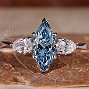 Marquise Cut Blue Diamond Ring, IGI Certified Lab Grown Diamond Ring, Three Stone Engagement Ring, Wedding Ring, Anniversary Gift for Her