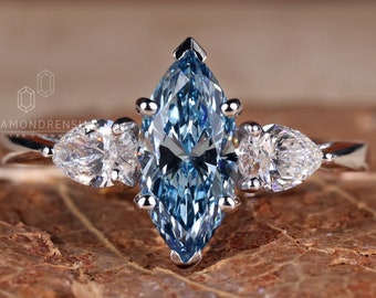 Marquise Cut Blue Diamond Ring, IGI Certified Lab Grown Diamond Ring, Three Stone Engagement Ring, Wedding Ring, Anniversary Gift for Her