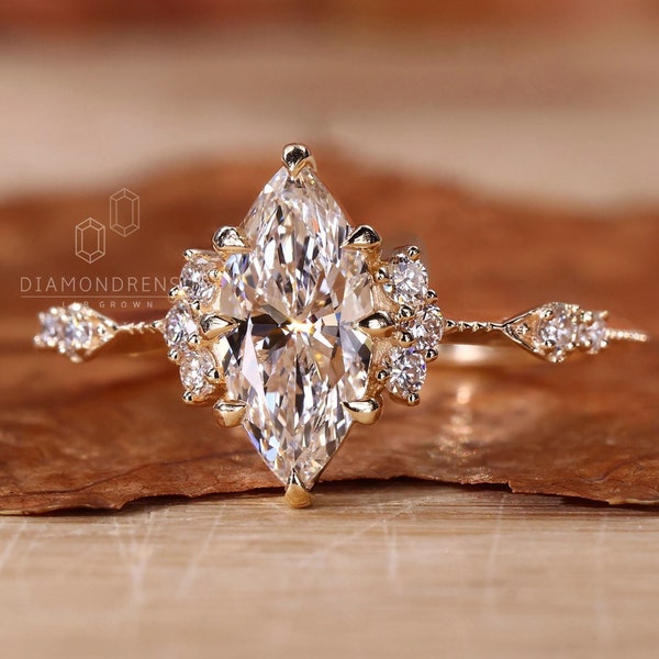 Vintage Marquise Lab Grown Diamond Engagement Ring: IGI Certified