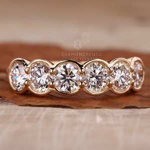 Six Stone Lab Grown Diamond Wedding Band, 4.0 MM Round Lab Created Diamond Band, Half Bezel Set Diamond Band, Anniversary Gift, Ring for Her