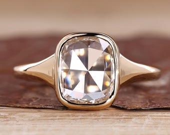 Cushion Rose Cut Solitaire Engagement Ring in Bezel Setting, Tapered Comfort Fit Wedding Ring for Her, Anniversary Gifts for Women