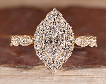 Vintage Halo Engagement Ring in Dutch Marquise Lab Grown Diamond, Milgrain Set Marquise Outline Pave Wedding Ring, Anniversary Gifts for Her