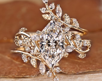 Nature Inspired Dutch Marquise Bridal Set with Marquise and Round Band, Leaves and Petal Design Wedding Ring Set, Anniversary Gift for Her