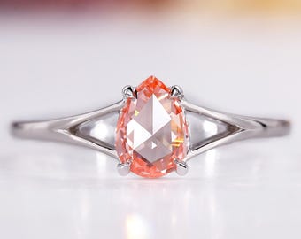 Anillo de compromiso solitario de diamante rosa, anillo de boda con diamante cultivado en laboratorio talla pera rosa, anillo clásico con brazo dividido, regalos de aniversario para mujeres.