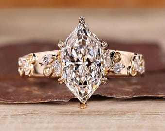 Art Deco Dutch Marquise Engagement Ring, Wedding Ring for Her, Leaf Style Prong Set Lab Grown Diamond Ring, Handmade Ring by Diamondrensu