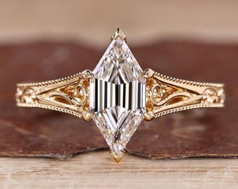Filigree Style Etched Detailing Hexagon Cut Lab Grown Diamond Engagement Ring, Solitaire Wedding Ring, Handmade Ring by Diamondrensu