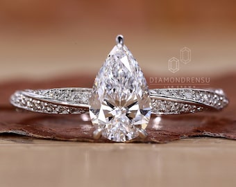 Förlovningsring med labbodlad diamant, päronslipad diamantring, tvinnad paveband, IGI-certifierad vigselring, jubileumspresenter, handgjorda smycken