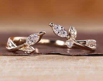 Open Gap Nature Inspired Wedding Band, Marquise and Round Diamond Band, Matching Stackable Band for Engagement Ring, Anniversary Gifts
