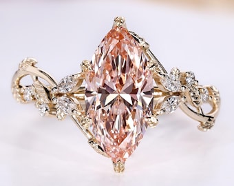 Pink Marquise Diamond Nature Inspired Engagement Ring for Women, Leaves and Petal Design Wedding Ring for Her, Handmade Ring by Diamondrensu