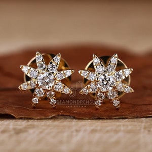Petite Starburst Stud Earrings, Round Lab Grown Diamond Earrings For Women, Floral Style Wedding Earrings, Diamond Studs for Wife or Mother