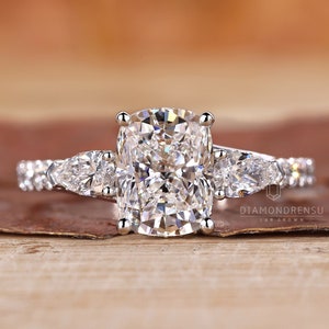 Elongated Cushion Cut Diamond Engagement Ring, Three Stone Lab Grown