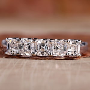 Five Stones Diamond Wedding Band, 3.50 MM Asscher Cut Lab Grown Diamond Band, Trellis Style Half Eternity Stackable Band, Anniversary Ring