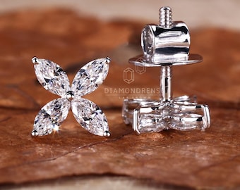 Marquise Cut Diamond Earrings, 0.53 TW Marquise Lab Grown Diamond Earrings, Flower Design Earrings, Screw Back Earrings, Anniversary Gift