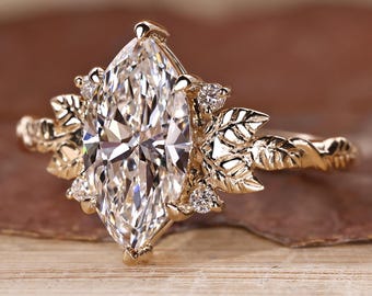 Nature Inspired Engagement Ring with Leaf design, Marquise Lab Grown Diamond Wedding Ring, Anniversary Gifts, Handmade Ring by Diamondrensu
